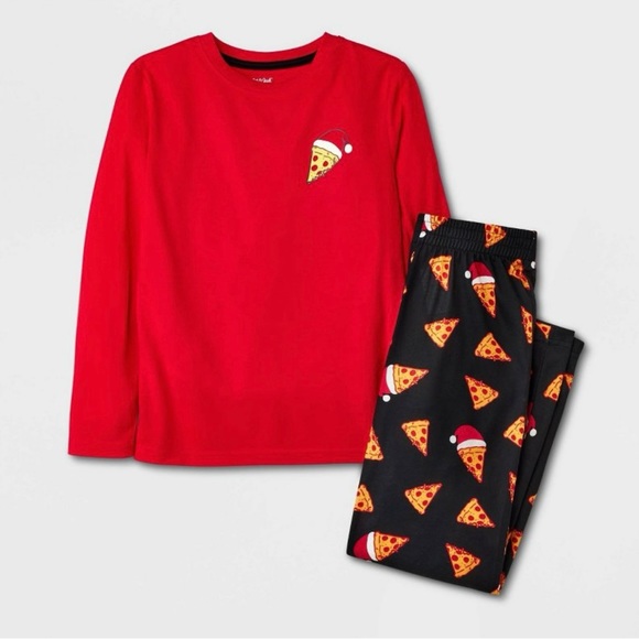🆕 Cat & Jack Boys Christmas Holiday Pizza Slice 2 Piece Pajama Sleep Set Small - Picture 1 of 7